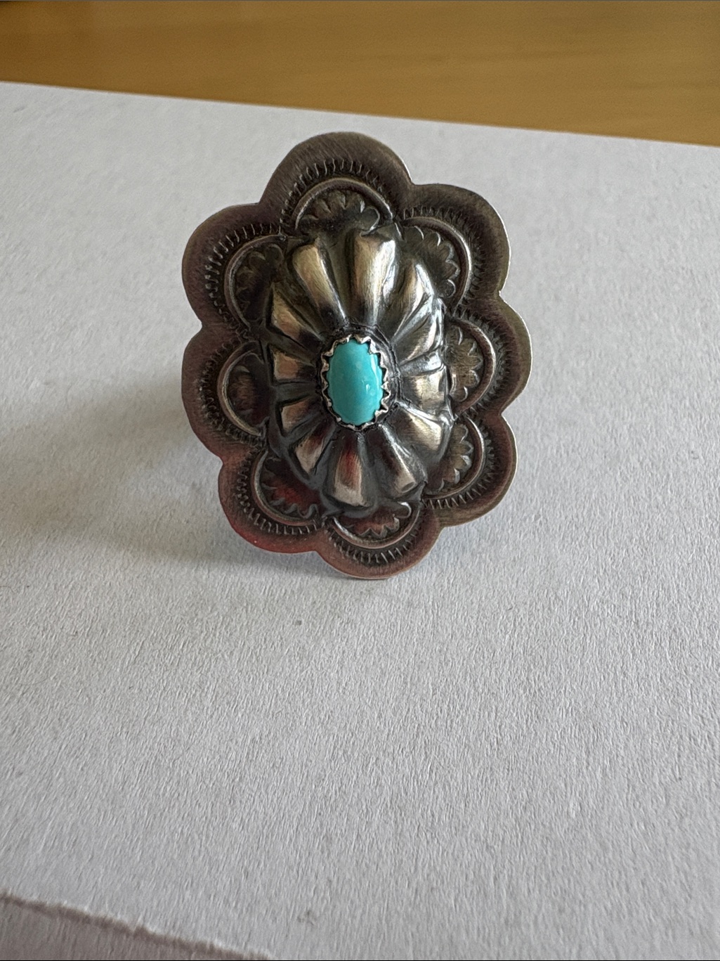 Navajo Made Marita Benally Sterling Silver Turquoise Concho Ring Adjustable